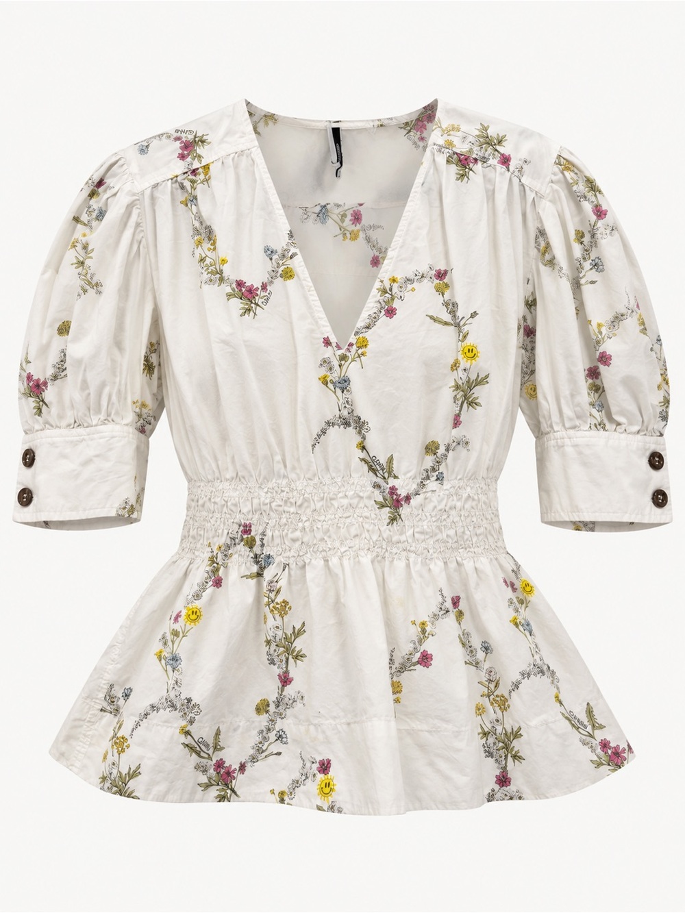 Ganni White Floral Smocked Peplum Top Size M